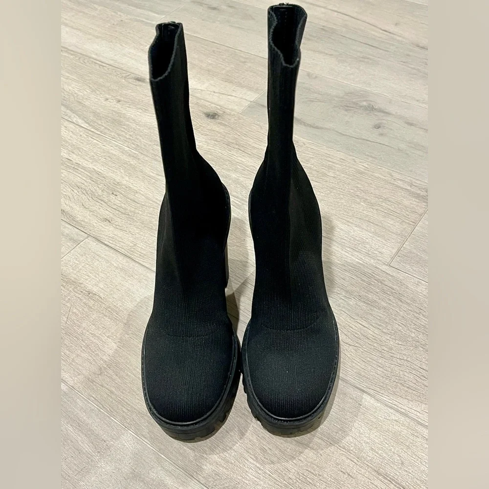 Zara Black Sock Womens Booties Block Chunky Heels Size 36